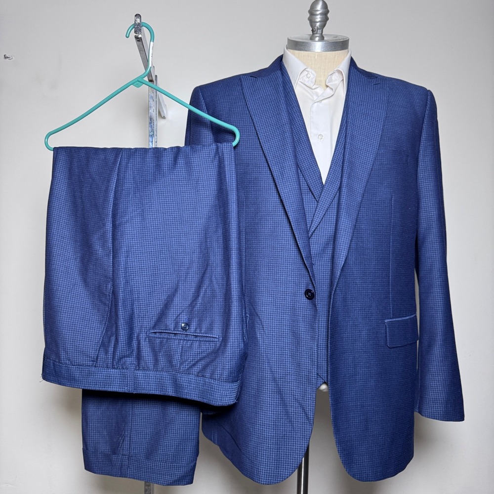 Rossi Man 3-Piece Suit Mens 44L W42x32 Blue Houndstooth Super 150s Wool Slim Eli